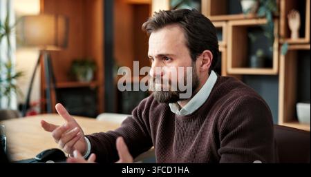 Confused, office and business man with stress for work crisis, mistake and fail at financial agency. Thinking, finance and person with problem solving Stock Photo
