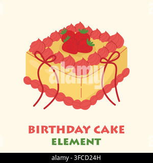 Square yellow birthday cake decorated with red cream and strawberry Stock Vector