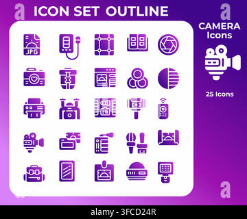 Purple outline icons show camera tools and media functions Stock Vector