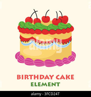 Colorful birthday cake with cherries and decorative icing layers Stock Vector