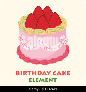 Pink strawberry birthday cake vector illustration Stock Vector