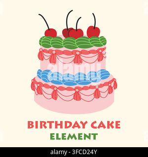 Two tiered pink birthday cake with cherries vector illustration Stock Vector