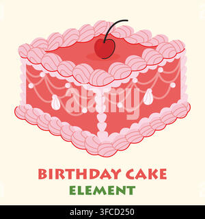 Pink vintage birthday cake illustration with red cherry on top Stock Vector