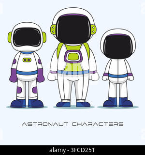 Cute cartoon astronaut characters wearing white space suits Stock Vector