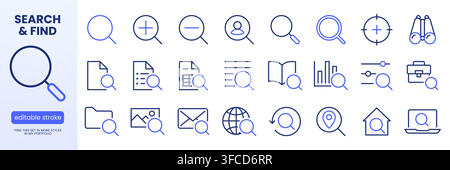 Search line icons set. Zoom, find document, magnify glass symbol, look tool, binoculars minimal vector illustrations. Simple flat outline signs for Stock Vector