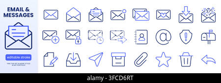 Email, communication line icons set. Envelope, inbox, paper plane, mail notification, contact book, attachment, secure message minimal vector Stock Vector