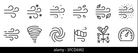 Wind line icon set. Airflow, tornado, snow, sand storm, whirlwind, windsock, weather vane, strong gusts and typhoon linear minimal vector illustration Stock Vector
