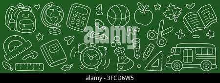 Back to School chalkboard line icon set. Backpack, globe, calculator, books, pencil, science, bus white doodle vector illustration on green blackboard Stock Vector