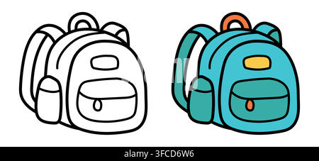 School backpack line and color icon. Blue student bag vector illustration. Cute outline and colored rucksack symbol isolated on white background for Stock Vector