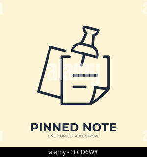 Pinned note line icon. Reminder memo linear vector illustration. Thin sign of paper sheet secured by pushpin for message, notice, task, annotation Stock Vector