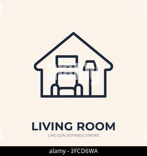 Living room line icon. Home interior linear vector illustration. Thin sign of house containing armchair, floor lamp, wall picture for lounge Stock Vector