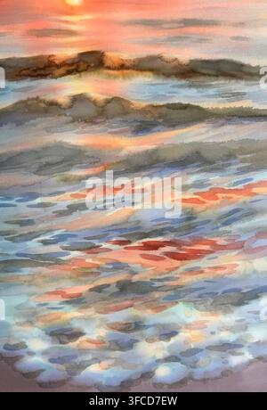 Sea water waves in evening sunlight watercolor background Stock Photo