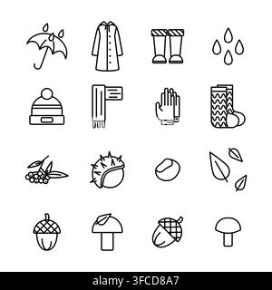 Contour icon collection of autumn items - waterproof clothes and an umbrella. Walk through the woods. Collect nuts and mushrooms. Vector illustration Stock Vector