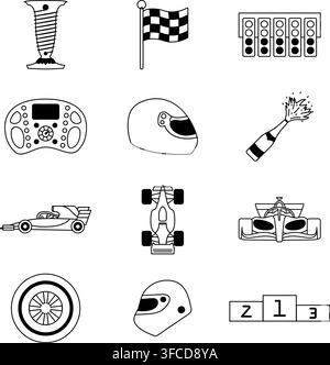 A set of contour icons on the theme of racing. Different types of cars, helmets and track elements. Vector illustration Stock Vector