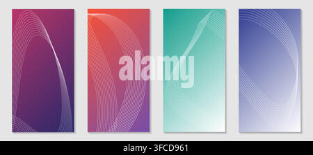 Abstract banners with a wave of thin lines. Bright gradient backgrounds. Collection of banners for social networks. Curved lines. Vector illustration Stock Vector