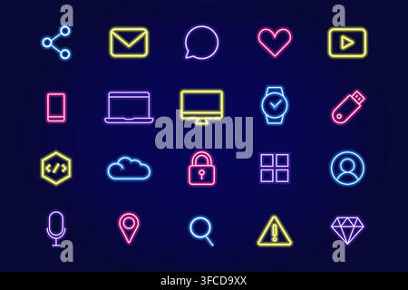 Collection of neon icons on the theme of IT- sphere. Technology and technology. Vector illustration Stock Vector