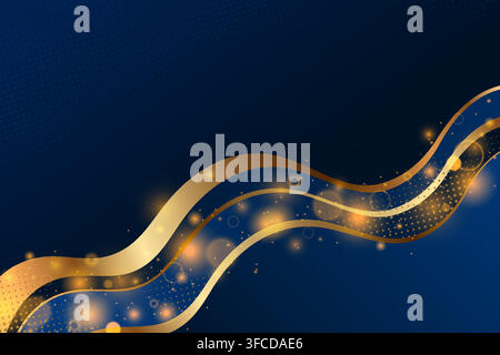 Luxury Blue Abstract Background with Golden Wave Lines and Bokeh Lights and Sparkles. Vector premium dynamic elegant design for banner, invitation Stock Vector