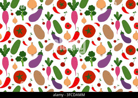 Organic Vegetables Seamless Pattern in Hand Drawn Flat Style. Healthy food vector pattern. Farmers market veggies, harvest trendy food background for Stock Vector