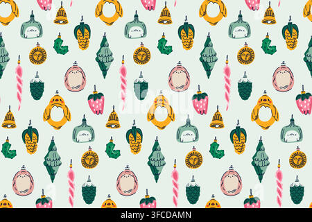 Seamless Christmas Ornament Pattern with Colorful Baubles, Bells, Stars and Traditional Holiday Decorations. Vector illustration Stock Vector
