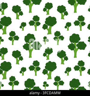 Broccoli Seamless Pattern in Hand Drawn Flat Style. Modern green vegan food background. Diet healthy eating concept. Brassica olerace pattern for Stock Vector