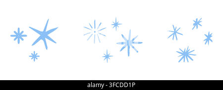 Snowflake cute pencil drawing doodle. Textured simple hand drawn crayon asterisk and snow crystals. Kids style childlike set elements. Scrapbook stickers, design elements. . Vector illustration Stock Vector