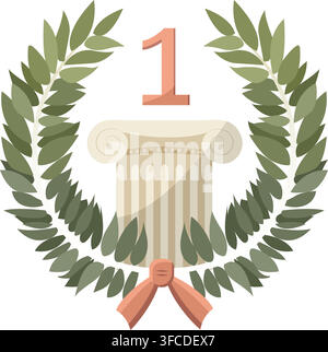 Vector illustration of leadership, winner, first place. A wreath of laurel leaves, a marble column and a red unit. Vector illustration Stock Vector