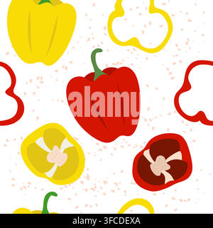 Pattern with red and yellow peppers with slices. Seamless vector pattern with vegetables. Vector illustration Stock Vector