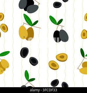 Seamless vector pattern with black and green olives and stripes. Olives on the branches and in the cut. Vector illustration Stock Vector