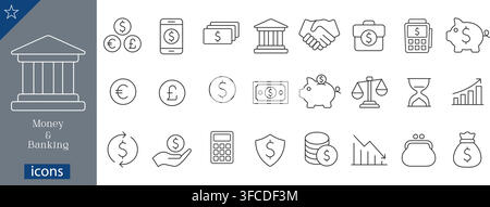 Money and banking icons set showing bank building, currencies, mobile banking, cash, handshake, business brief, card reader, piggy bank vector Stock Vector