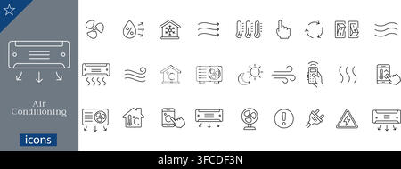Air conditioning icons set showing split AC unit, humidity, cooling house, compressor, remote control, fan, temperature settings vector Stock Vector