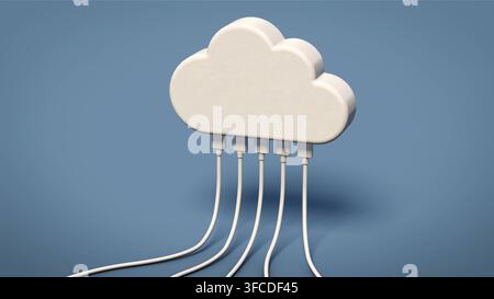 Weiße 3D Wolke mit mehreren herabhängenden Kabeln vor blauem Hintergrund Symbolische Darstellung einer Datenwolke mit angeschlossenen Datenleitungen *** White 3D cloud with several cables hanging down against a blue background. Symbolic representation of a data cloud with connected data cables Stock Photo