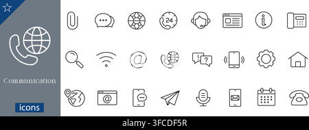 Communication icons set showing globe phone, chat bubbles, support headset, browser window, wifi signal, email, paper plane, office telephone vector Stock Vector