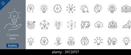 Creative idea icons set showing light bulb, AI brain, innovation network, target goal, presentation, cloud computing, holding bulb linear vector Stock Vector