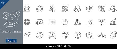 Dollar and finance icons set showing bank building, money sprout, coin stacks, global finance, wallet, bank check, piggy bank, growth chart vector Stock Vector