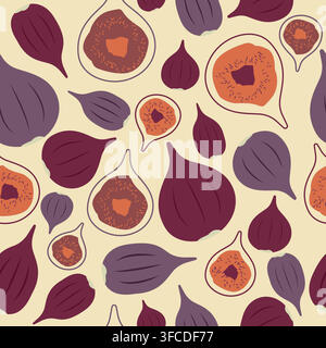 Seamless vector pattern of purple figs and cut figs on a light background. Vector illustration Stock Vector