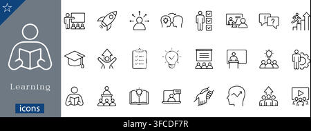 Learning icons set showing presentation, rocket startup, graduation cap, checklist, lightbulb idea, online course, classroom, education line vector Stock Vector