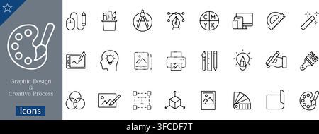Graphic design and creative process icons set showing color palette, pen tool, drawing tablet, CMYK color circle, printer, vector linear illustration Stock Vector