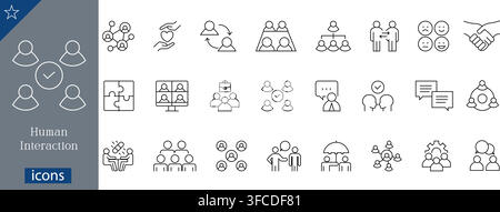 Human interaction icons set showing social network, support, meeting, hierarchy, emotions, handshake, remote video call, teamwork linear vector Stock Vector