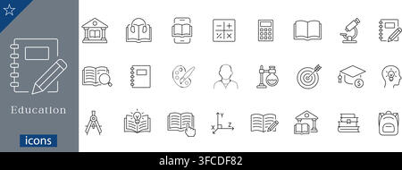 Education icons set showing library building, e-learning, math symbols, calculator, open book, microscope, notebook, science lab linear vector Stock Vector