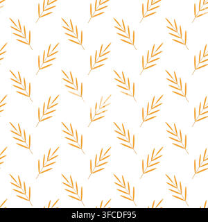 Seamless diagonal pattern of stylized orange leaves with elongated leaflets branching from a central stem on a white background. Clean geometric Stock Vector