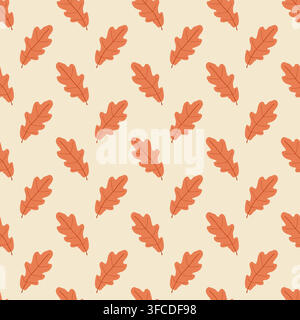 Seamless diagonal pattern of stylized orange oak leaves with central veins on a light beige background. Autumn-themed decorative design perfect for Stock Vector
