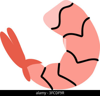 Cute flat illustration of a peeled pink shrimp prawn isolated on white background for seafood restaurant menu Stock Vector