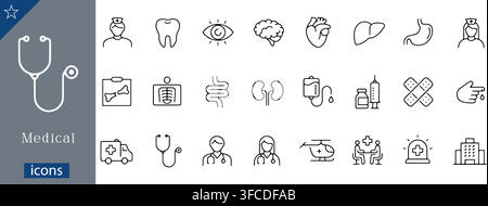 Medical icons set showing stethoscope, nurse, tooth, brain, heart, liver, stomach, x-ray, kidneys, IV drip, syringe, ambulance linear vector Stock Vector