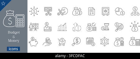 Budget and money icons set showing finance management, savings, calculator, coin stack, piggy bank, investment, financial graph linear vector Stock Vector