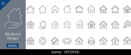 Modern home icons set showing house security, real estate mortgage, smart home automation, property insurance, mortgage loan linear vector Stock Vector