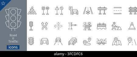 Road and traffic line icons set showing traffic light, pedestrian crossing, speed limit sign, road barrier, car, navigation map vector illustration Stock Vector