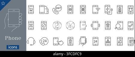Phone icons set showing mobile shopping, 24/7 support, facial recognition, fingerprint security, wireless connection, charging, notification line Stock Vector