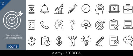 Business idea time management line icons set showing target, hourglass, clock, checklist, lightbulb, gear head, strategy linear vector illustration Stock Vector