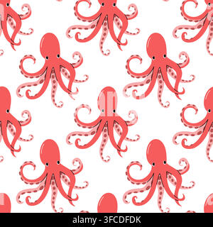 Vector flat seamless pattern with cute pink octopuses and tentacles isolated on white background for marine textile print Stock Vector