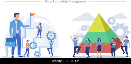 Team leadership management concept showing leader with flag, block building team, pyramid hierarchy structure, gears, flat vector illustration Stock Vector